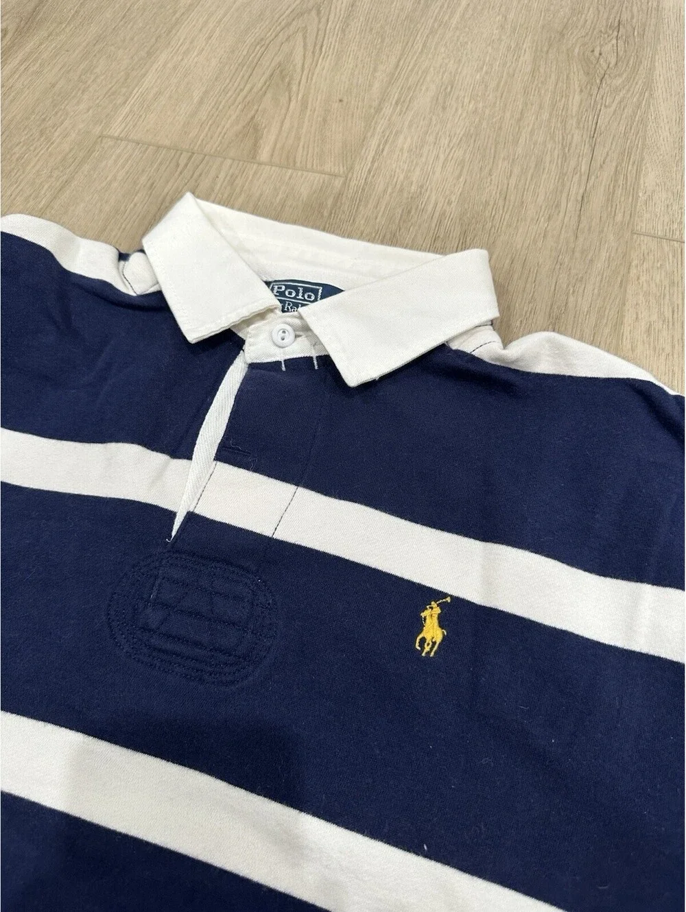 Polo Ralph Lauren Shirt Mens XL Blue White Rugby Striped Collar Pony Logo